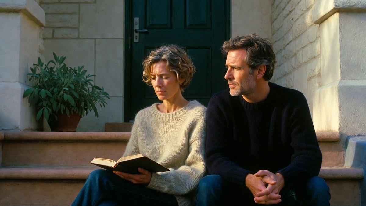 A man and a woman sitting together on their front steps