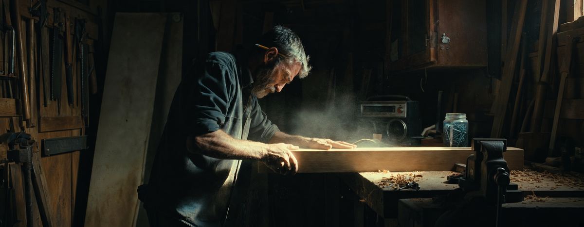 A man in his fifties planing a board in his workshop, lit by early sun